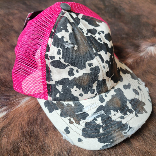 C.C. Cow Print Criss Cross Ponytail Hat - Hot Pink