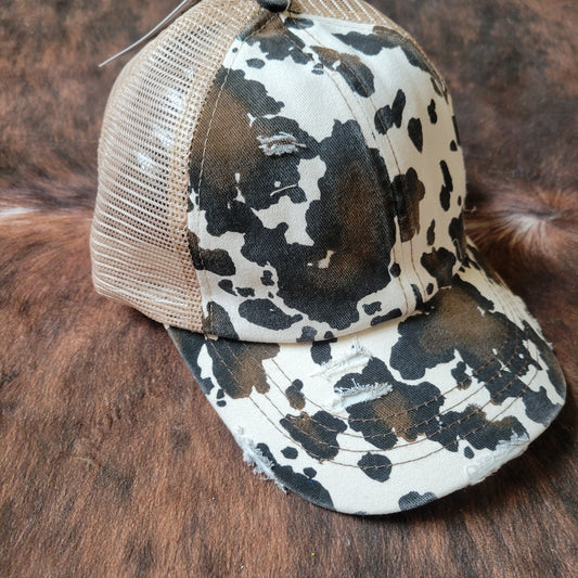 C.C. Cow Print Criss Cross Ponytail Hat - Beige