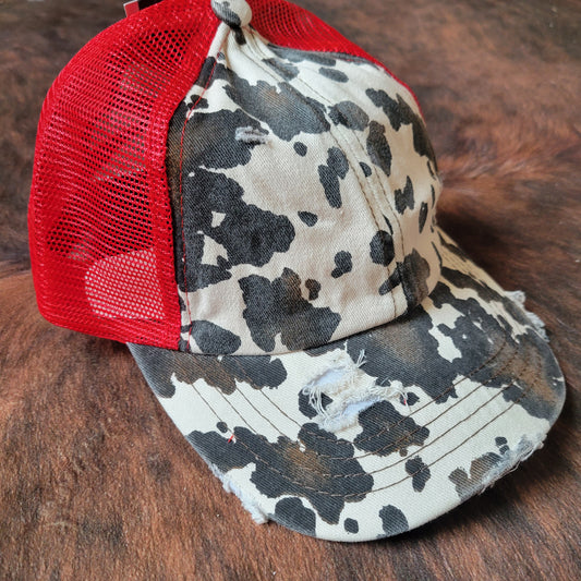 C.C. Cow Print Criss Cross Ponytail Hat - Red