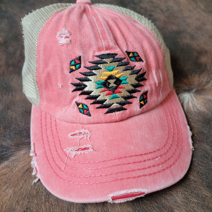 C.C. Distressed Aztec Criss Cross Ponytail Hat - Coral