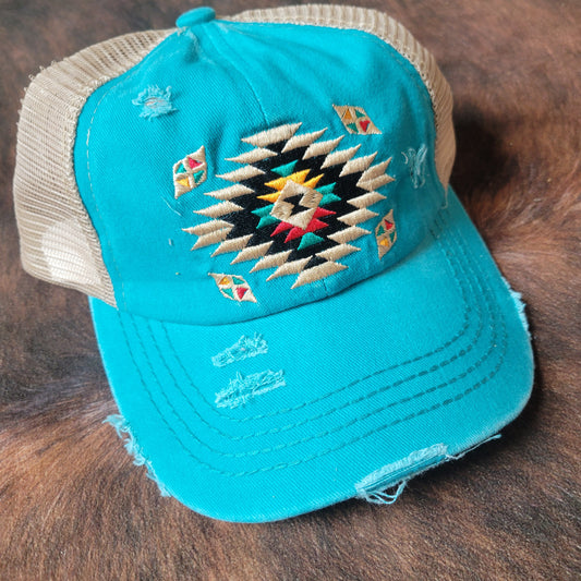 C.C. Distressed Aztec Criss Cross Ponytail Hat - Turquoise