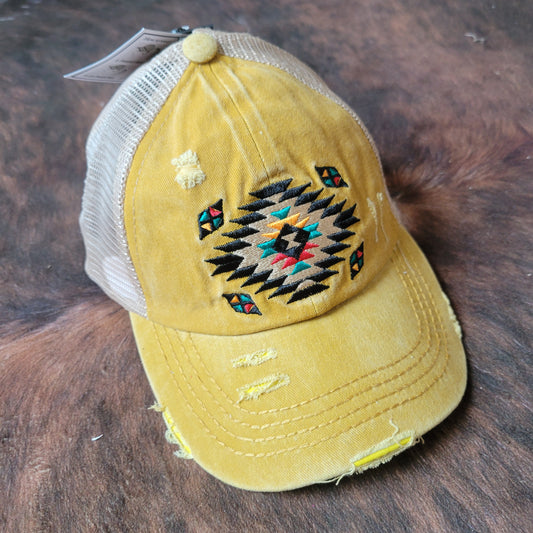 C.C. Distressed Aztec Criss Cross Ponytail Hat - Mustard