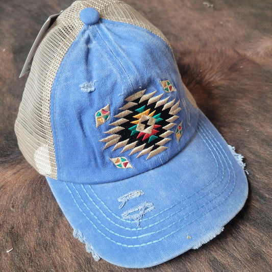 C.C. Distressed Aztec Criss Cross Ponytail Hat - Blue Moon