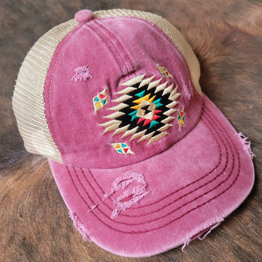 C.C. Distressed Aztec Criss Cross Ponytail Hat - Berry