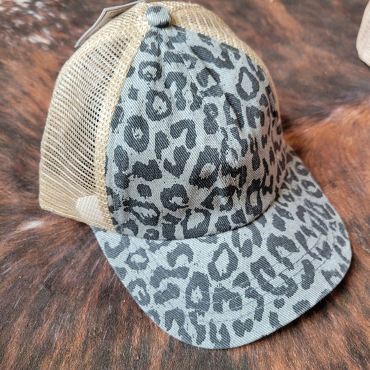C.C. Leopard Denim Criss Cross Ponytail Hat - Grey
