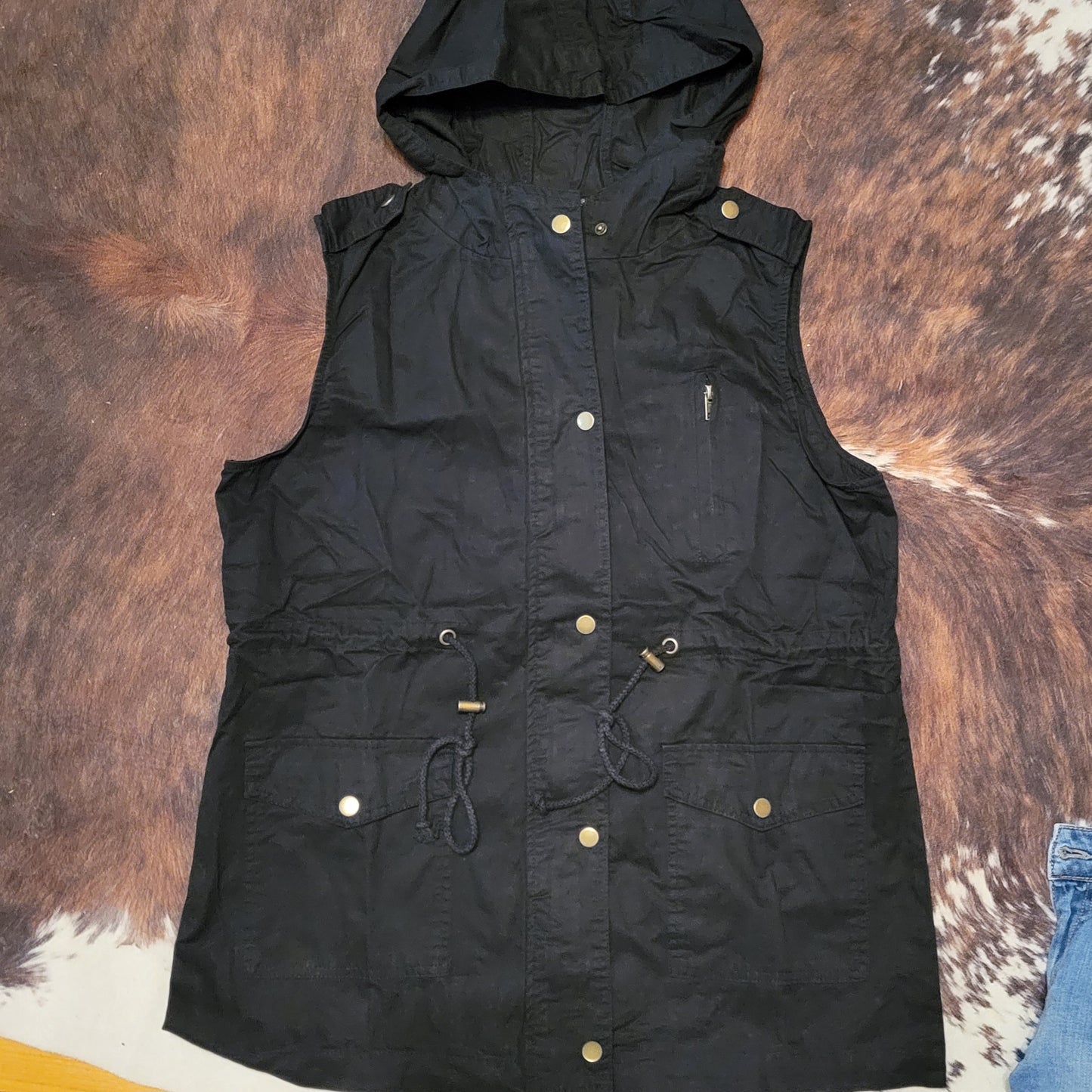 Hooded Vest with Drawstring Waist - Black
