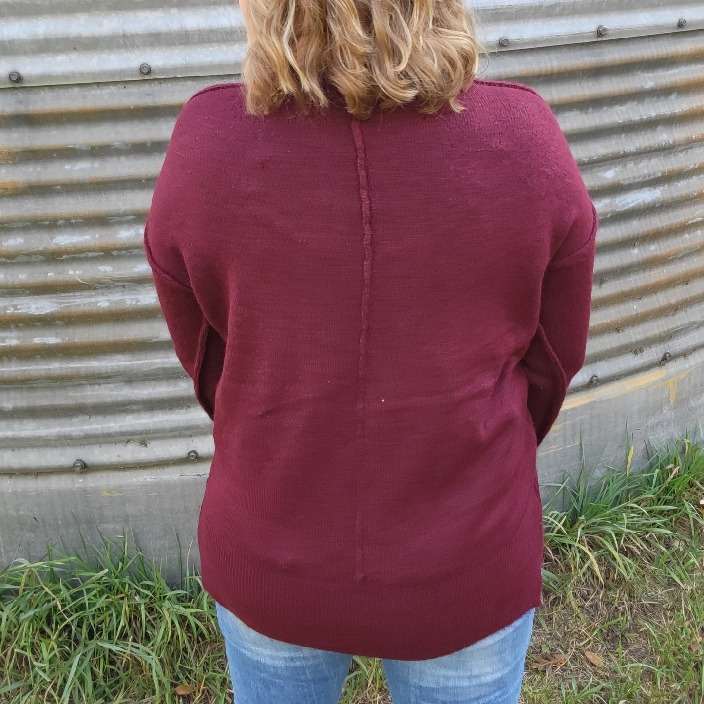 Melange Round Neck Pocket Sweater - Cranberry