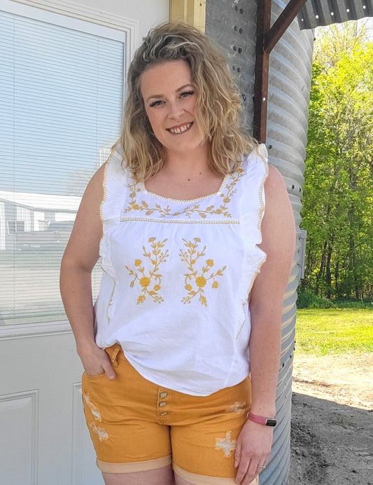 Ruffled Floral Embroidered Sleeveless Top