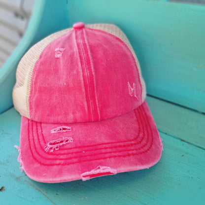 Washed Denim Criss Cross High Pony CC Ball Cap - Red/Beige