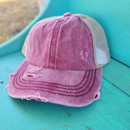 Washed Denim Criss Cross High Pony CC Ball Cap - Berry/Beige