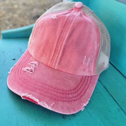 Washed Denim Criss Cross High Pony CC Ball Cap - Coral/Beige