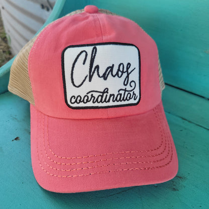 Chaos Coordinator Patch Criss Cross Pony Tail Ball Cap - Coral