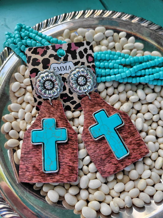 Turquoise Cross and Cowhide Tag Earrings