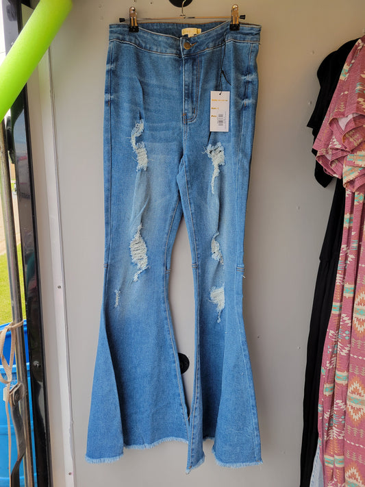 Distressed Flare Jeans - Medium Light Wash