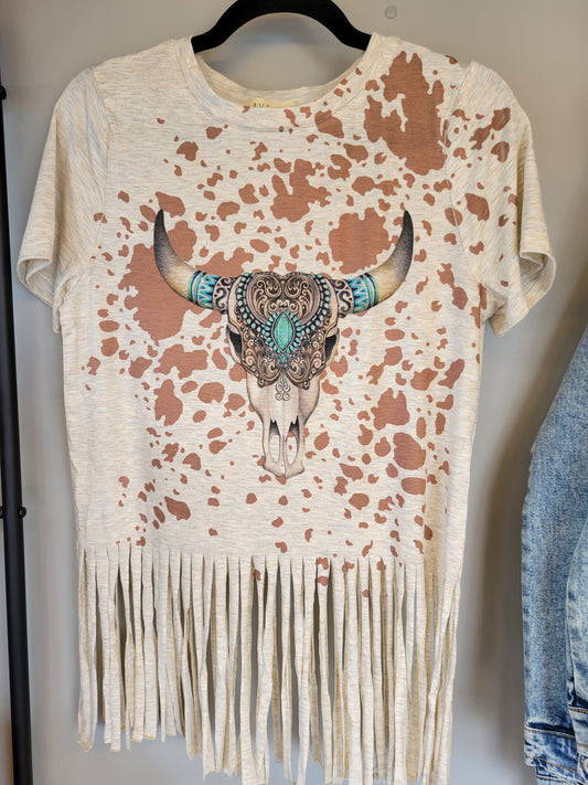 Longhorn Cow Print Fringe Tee