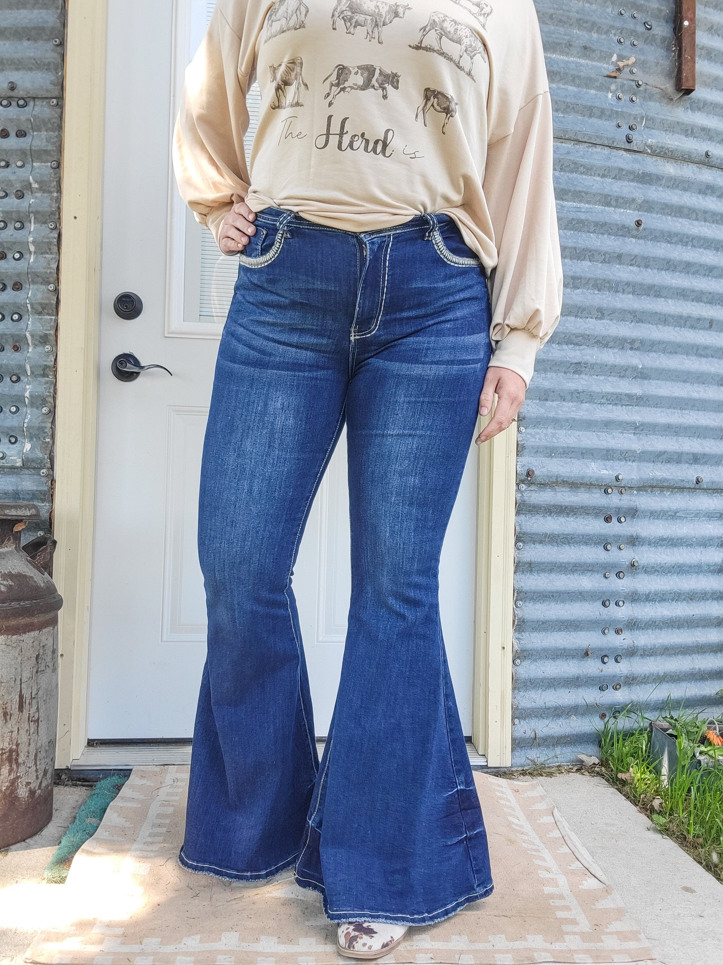 Embroidered Dark Wash Flare Jeans