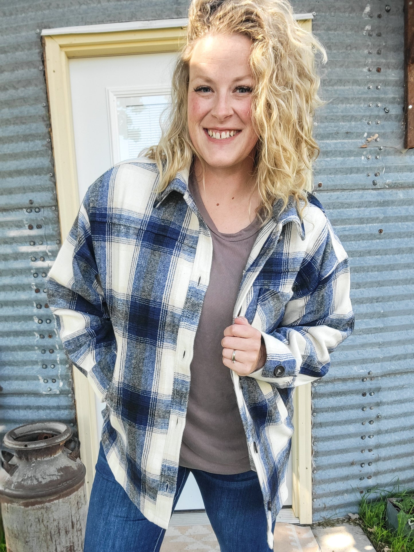 Oversized Yarn Dyed Plaid Shacket - Navy