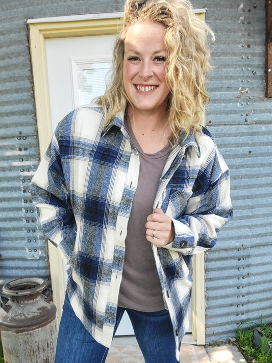 Oversized Yarn Dyed Plaid Shacket - Navy