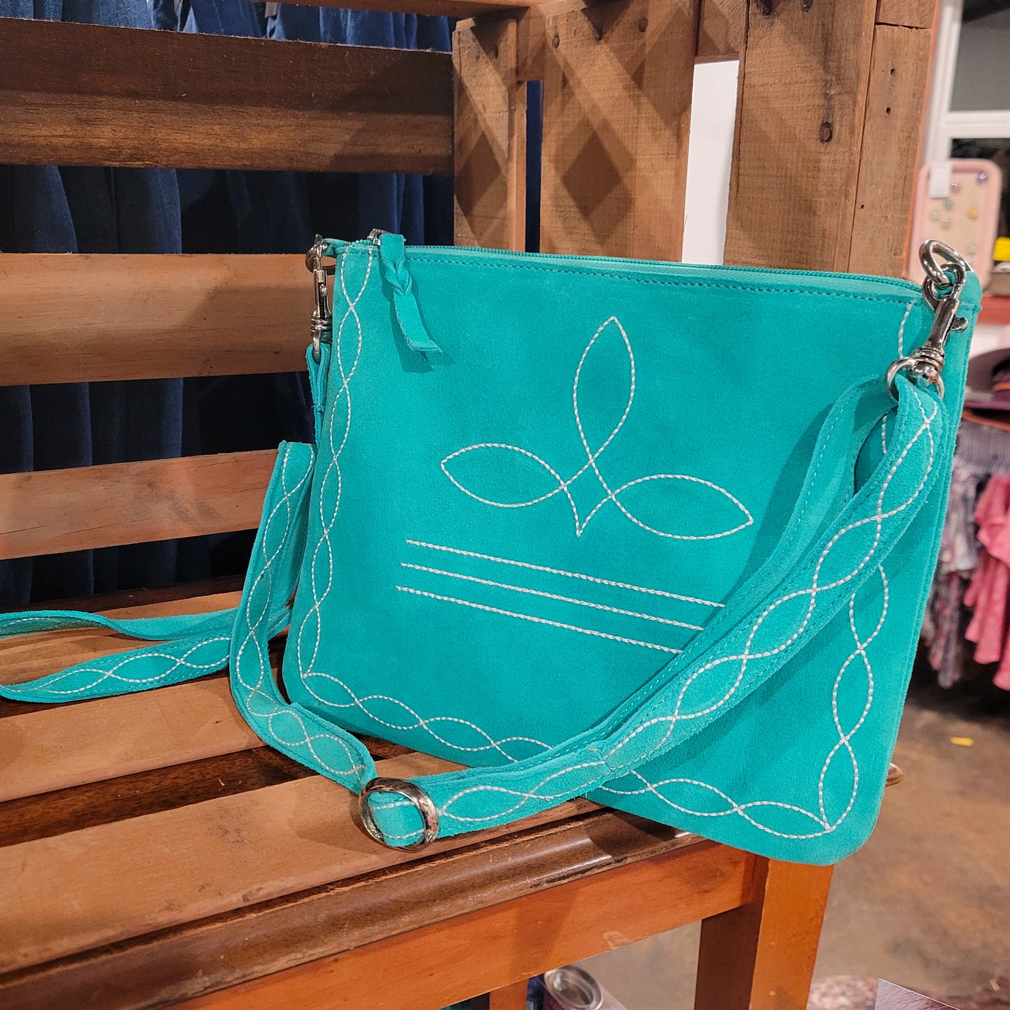 Turquoise Suede Leather Bootstitch Crossbody