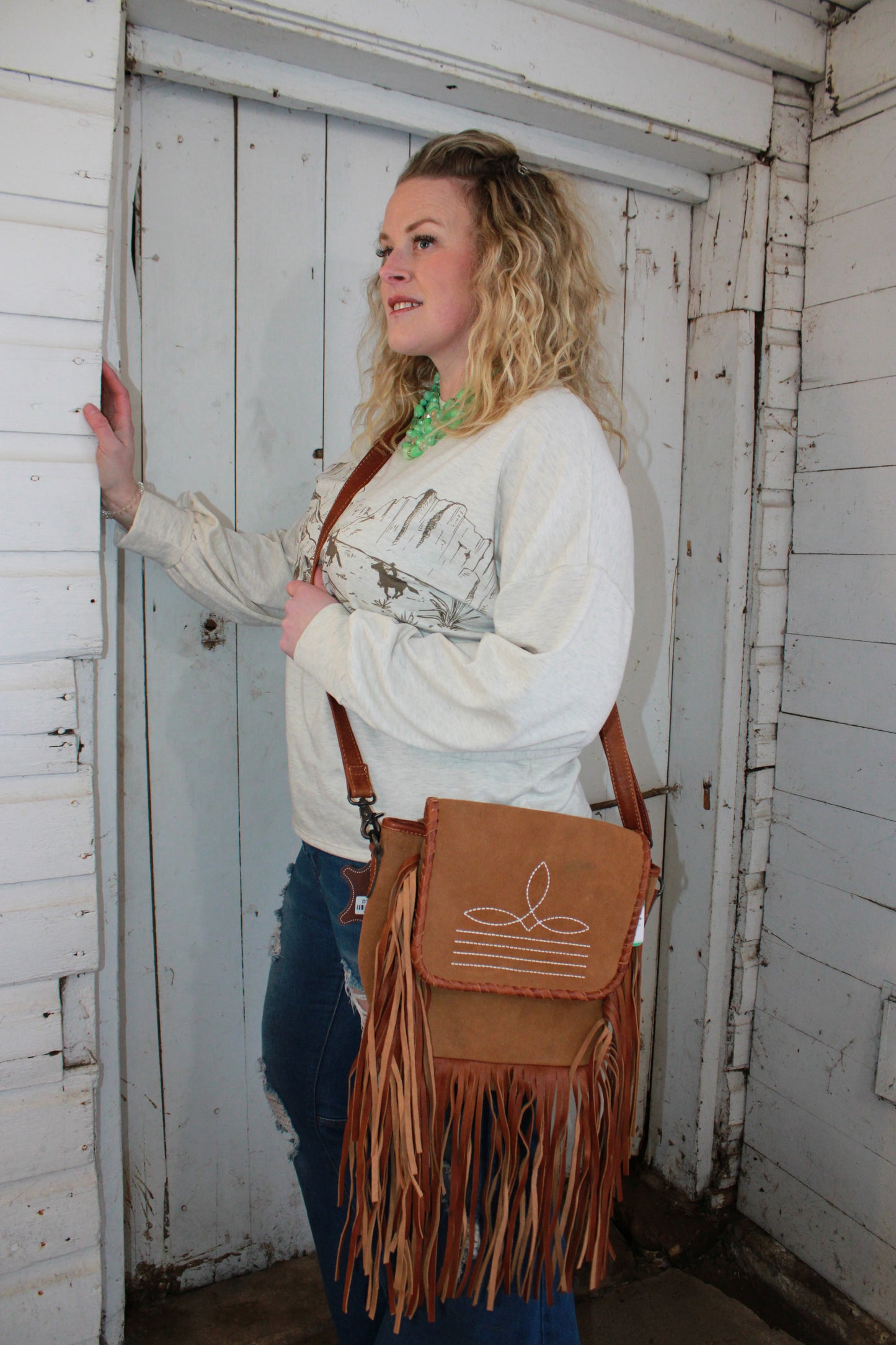 Suede Leather Bootstitch Crossbody with Fringe