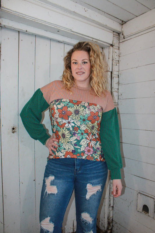 Retro and ribbed floral color block longsleeve 