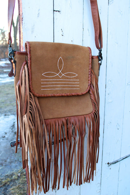 Suede Leather Bootstitch Crossbody with Fringe