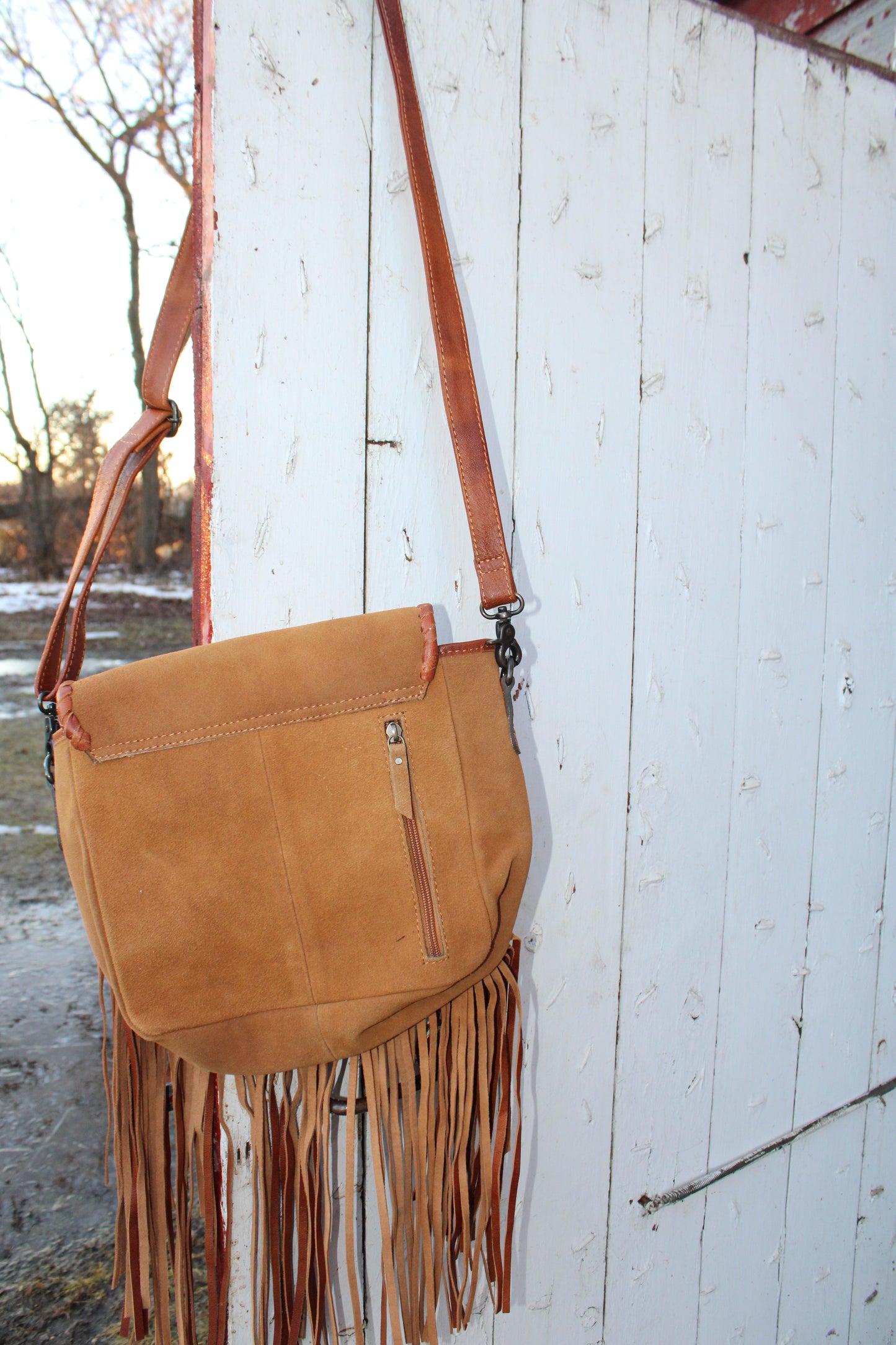 Suede Leather Bootstitch Crossbody with Fringe