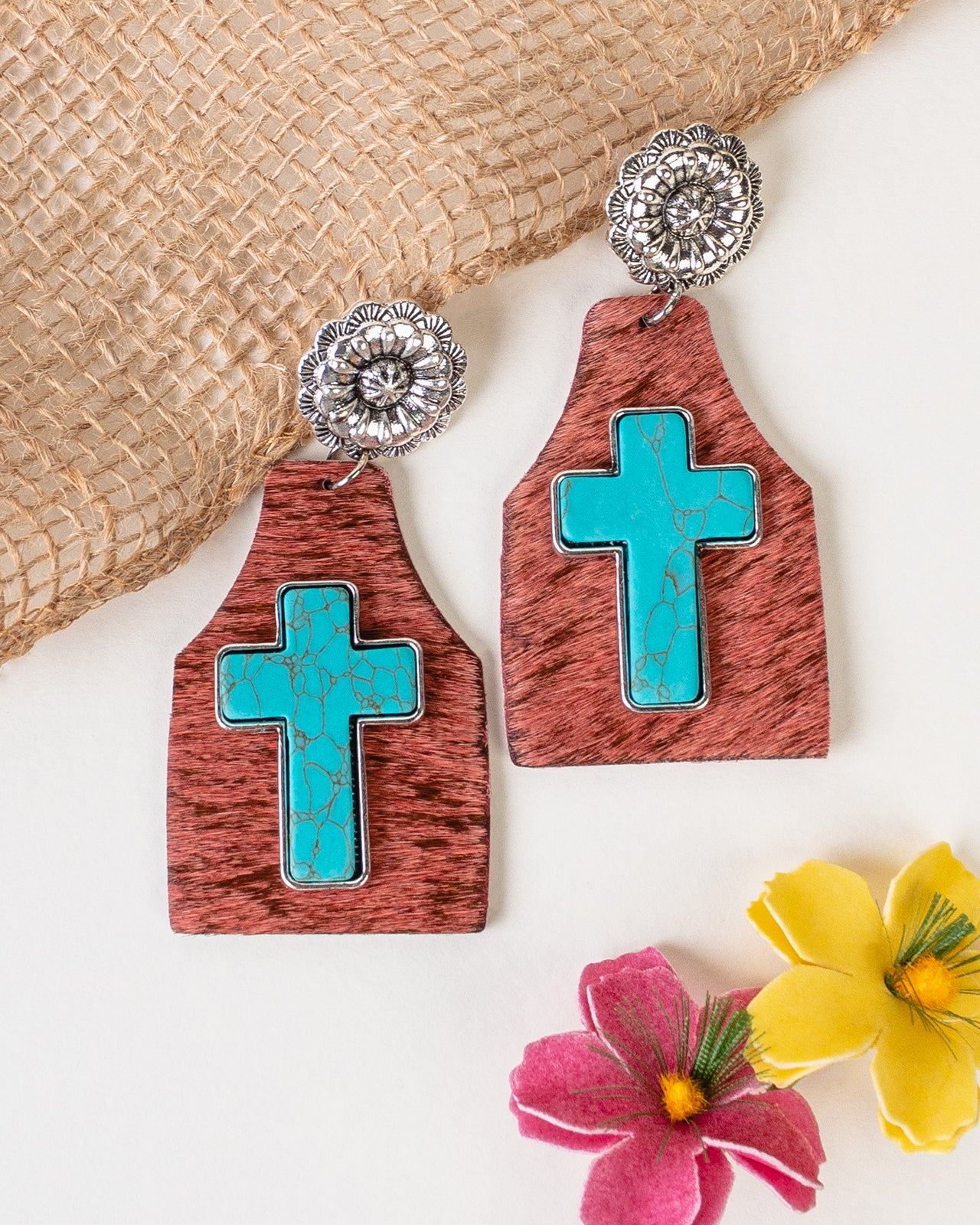 Turquoise Cross and Cowhide Tag Earrings