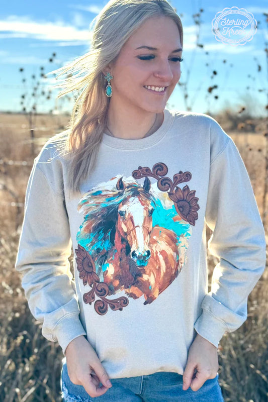 Painted Pony Pullover Crew Neck Sweatshirt