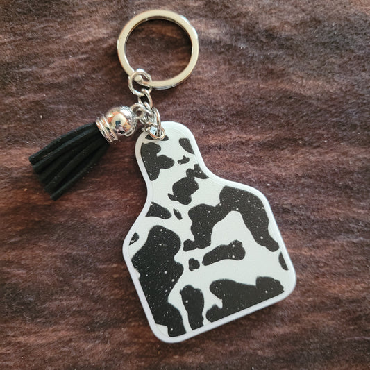 Black and White Cow Tag Acrylic Keychain with Tassel