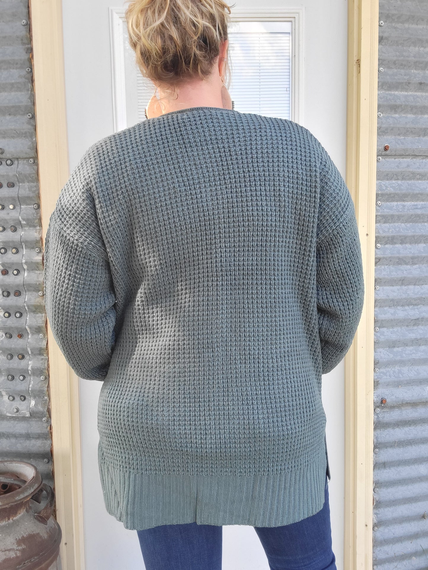 Waffle Knit Sweater Cardigan - Heathered Jade