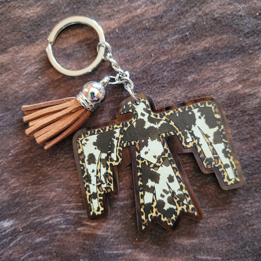 Cow Print Thunderbird Acrylic Keychain with Tassel