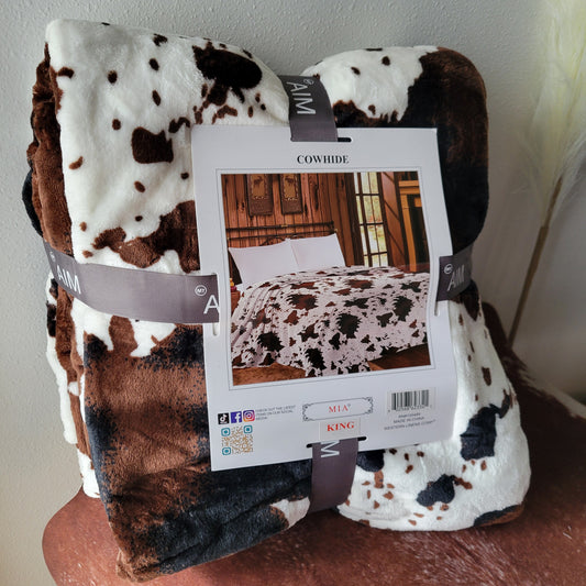 White black brown cowprint western mia king size blanket