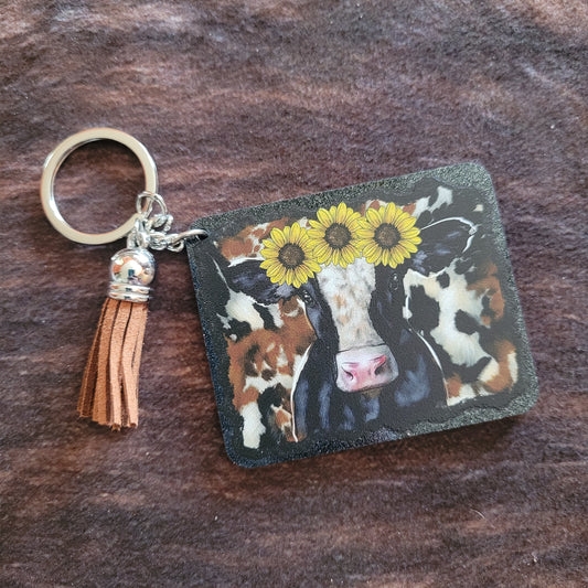 Sunflower Cow Acrylic Keychain with Tassel