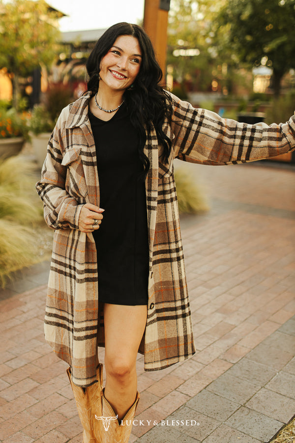 Khaki Plaid Long Button Down Shacket