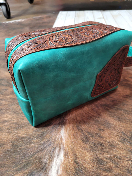 Turquoise Tooled Leather Cosmetic Bag