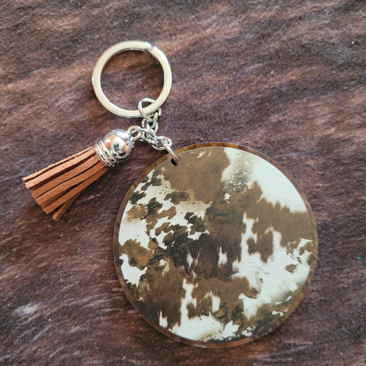 Brown Cowhide Circle Acrylic Keychain with Tassel