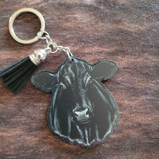 Black Beef Cow Acrylic Keychain with Tassel