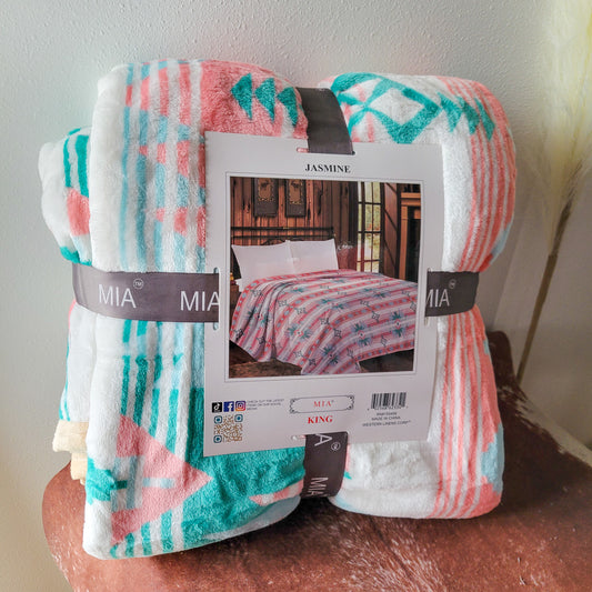 Teal coral white western mia king size blanket