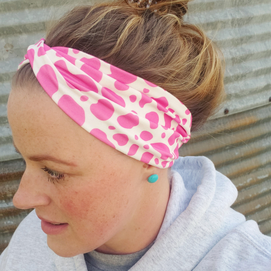 Twist Headband - Pink Cow Print