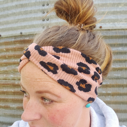 Twist Headband - Waffle Knit Pink Leopard