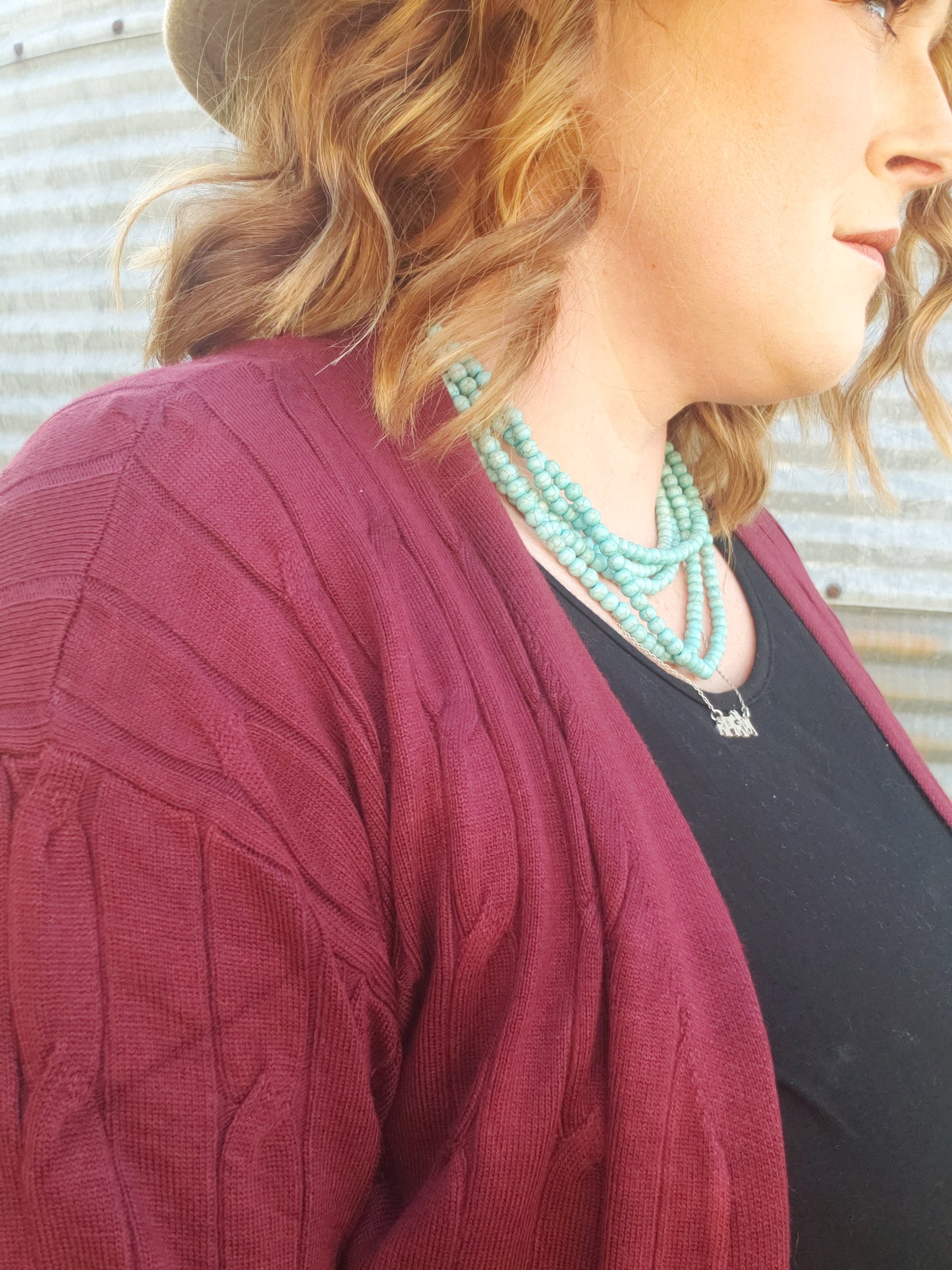 Cable Knit Cardigan with Pockets - Burgundy
