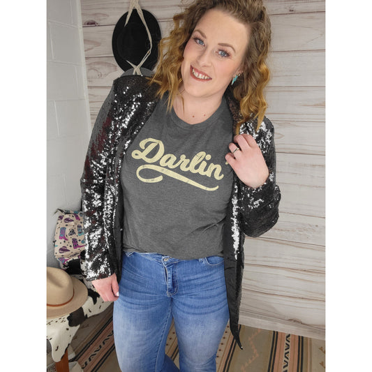 Black Sequin Blazer paired with the Darlin Tee